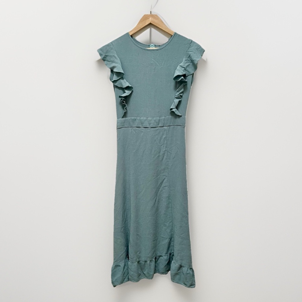 Bohme Mint Green Ruffle Midi Dress Sleeveless Boho Feminine Ruffle Linen